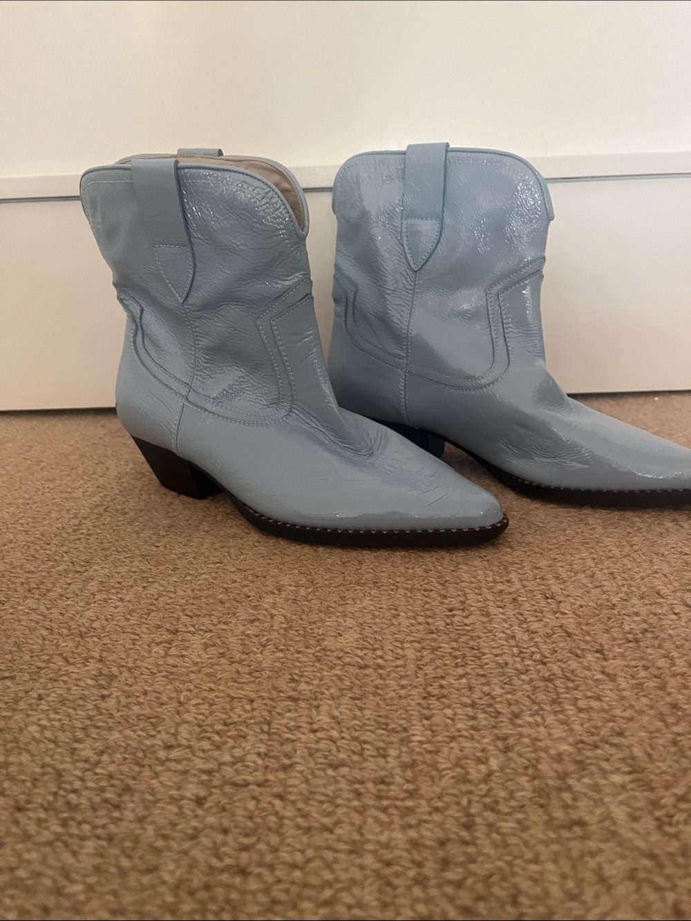 Freda Salvador Powder Blue Patent Cowboy Ankle Boots